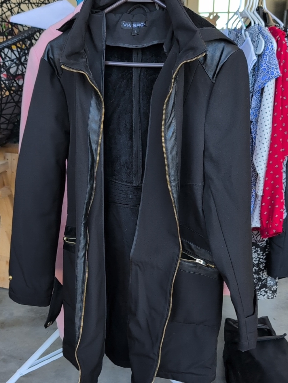 Via Spiga Black Zip-Front Trench Coat with Gold Accents